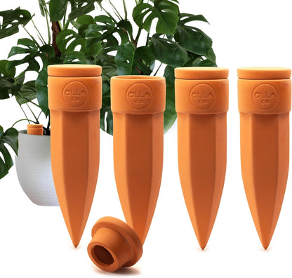 Plant Watering Spikes with Lids - Ideal for 8”-12” Pots - Vacation Friendly - Terracotta - Large - Set of 4