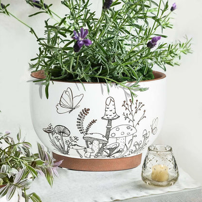 YBX 8 Inch & 6 Inch Terracotta Pots, Plant Pots, Flower Pots for Indoor Plants with Drainage, Planters with Mushroom Accent for Indoor Plants (Cottage)