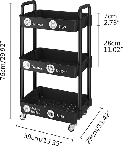 UDEAR 3-Tier Rolling Utility Cart with 12 Category Labels,Multifunctional Comagtable Rolling Shelving with Handle and Lockable Wheels for Room,Office,Kitchen,Bathroom,Black
