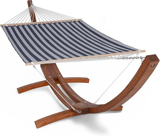 SUNCREAT Hammocks Standing Backyard Hammock with Stand, 2 Person Heavy Duty Hammock with 13.5 ft Wooden Stand, Blue Stripe