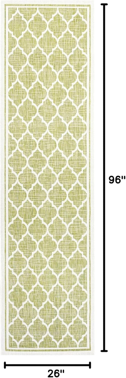 Eyely BMS109G-28 Santa Monica Trebol Moroccan Trellis Textured Weave Indoor/Outdoor Runner Rug Coastal;Bohemian, Bedroom, Backyard, Patio, Easy-Cleaning, Non-Shedding, 2 X 8, Green/Cream