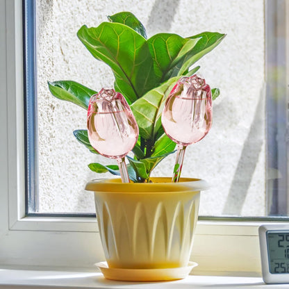 2Pcs Tulips Self Plant Watering Globes, Glass Self Watering Planter Insert, Automatic Plant Waterer Devices Indoor Outdoor (Pink)