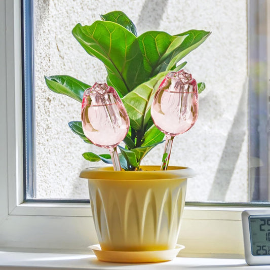 2Pcs Tulips Self Plant Watering Globes, Glass Self Watering Planter Insert, Automatic Plant Waterer Devices Indoor Outdoor (Pink)