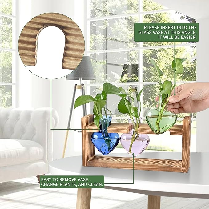 Plant Terrarium Propagation Stations Hydroponics Home Garden Decoration Gift for Women with Wooden Stand Heart Shaped Colored Glass Vase
