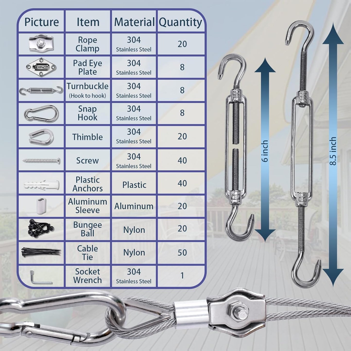 Shade Sail Hardware Kit 6 inch turnbuckles for Triangle Rectangle Sun Shade Sail Outdoor Installation turnbuckles for Cables Wire for Outdoor,Garden,Kitchen,Craft,235PCS