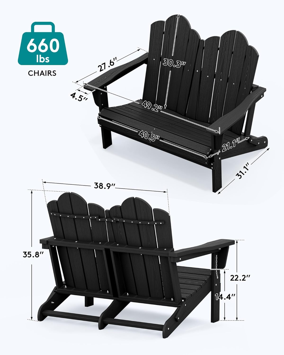 SERWALL 2 Person Adirondack Loveseat, HDPE All-Weather Folding Adirondack Bench Chair, Outdoor Adirondack Chair Set of 4, Black