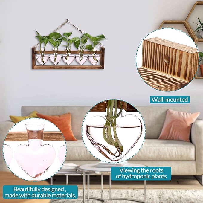 Plant Terrarium Hanging Propagation Stations Gift for Women Air Plants Holder with Wooden Stand Heart Glass