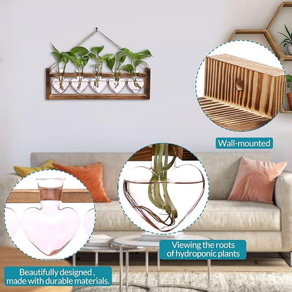 Plant Terrarium Hanging Propagation Stations Gift for Women Air Plants Holder with Wooden Stand Heart Glass