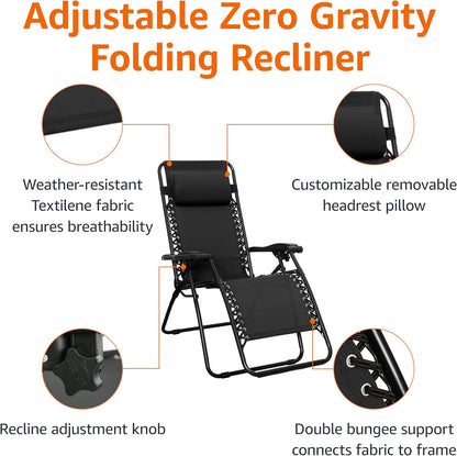 Amazon Basics Outdoor Patio Zero Gravity Lounge Chair with Pillow, Folding Reclining and Textilene Adjustable, Folding Lounge Lawn Chairs for Outside, 26", Black