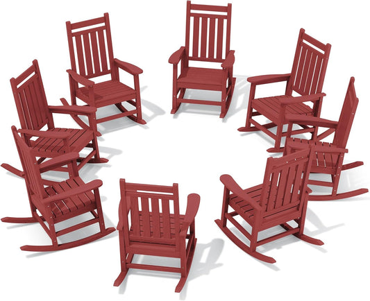 SERWALL HDPE Outdoor Rocking Chair Set of 8, Patio Rocking Chairs for Adults, All Weather Outdoor Rockers for Lawn, Crimson Red