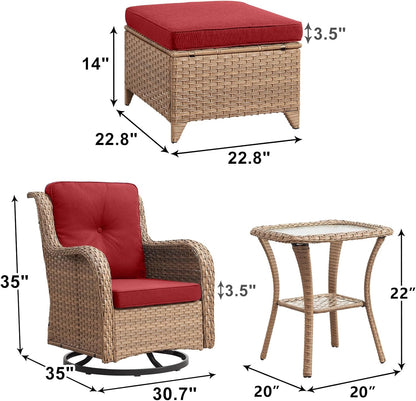 Outdoor Wicker Patio Furniture Set - 5 Pieces Rattan Patio Conversation Set with 2 Rocking Swivel Chairs,2 Ottomans and 1 Side Table for Porch Deck Backyard Garden(Yellow/Red)
