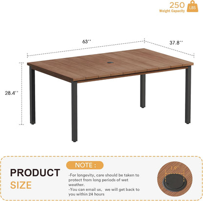 VICLLAX 63" Rectangle Patio Table with Umbrella Hole, All Weather Metal Outdoor Dining Table for 6, Walnut Wood-Like Tabletop
