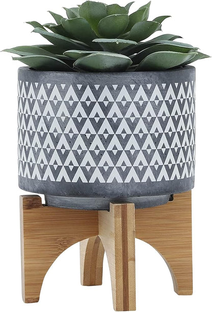 Sagebrook Home Stoneware Planter with Wooden Stand - Ceramic Indoor/Outdoor Plant Pot - Modern Geometric Design - Home & Garden Decor - 6" Gray