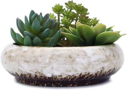 VanEnjoy 7.3 inch Round Large Shallow Succulent Ceramic Glazed Planter Pots with Drainage Hole, Bonsai Pots Garden Decorative Cactus Stand Flower Container (White)
