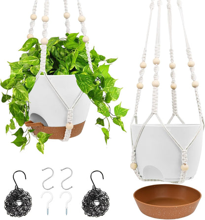 Hanging Planters for Indoor Outdoor Plants, 2 Pack Self Watering Hanging Pots, Hanging Plant Baskets with Drainage Holes & 2 Types of Plant Hangers (White, 6'')