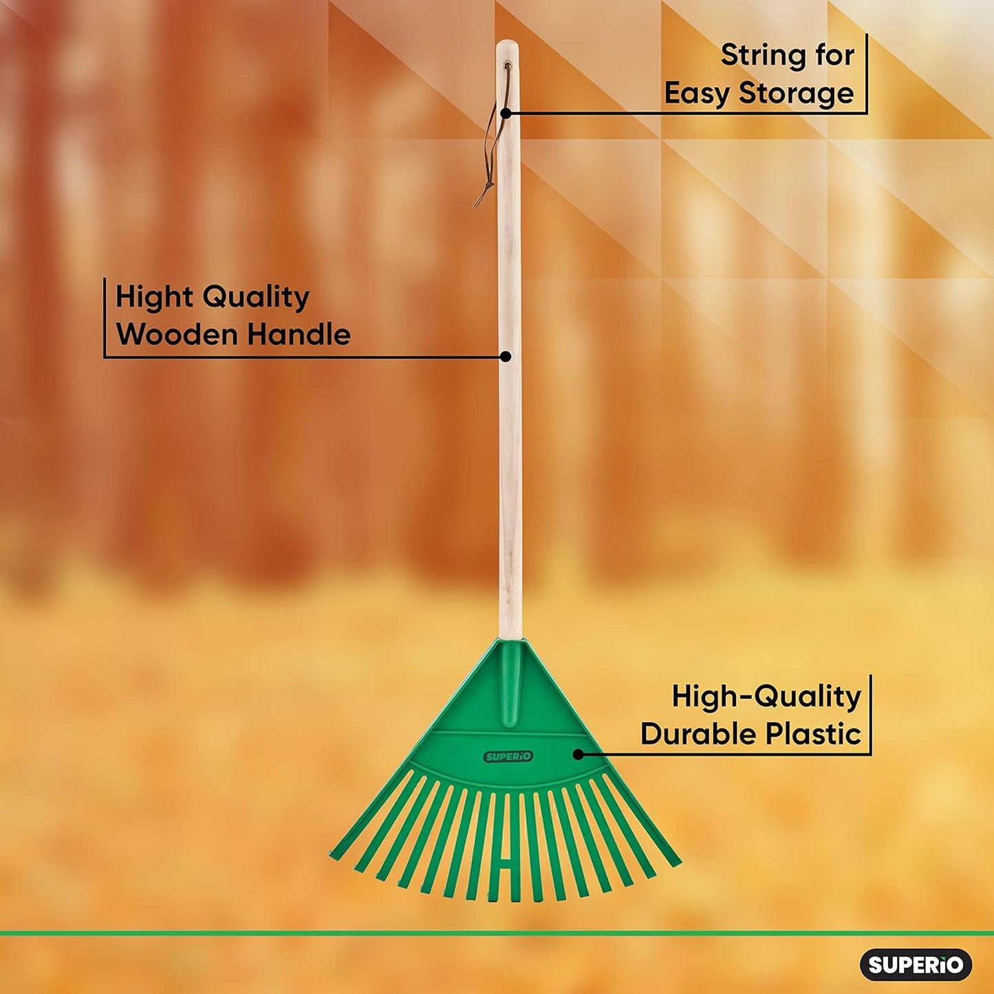 Pack of 12 Rake with Hardwood Handle, Durable Plastic Head to Sweep Leaves in Lawn and Tidying Up The Garden, 34" (Green)