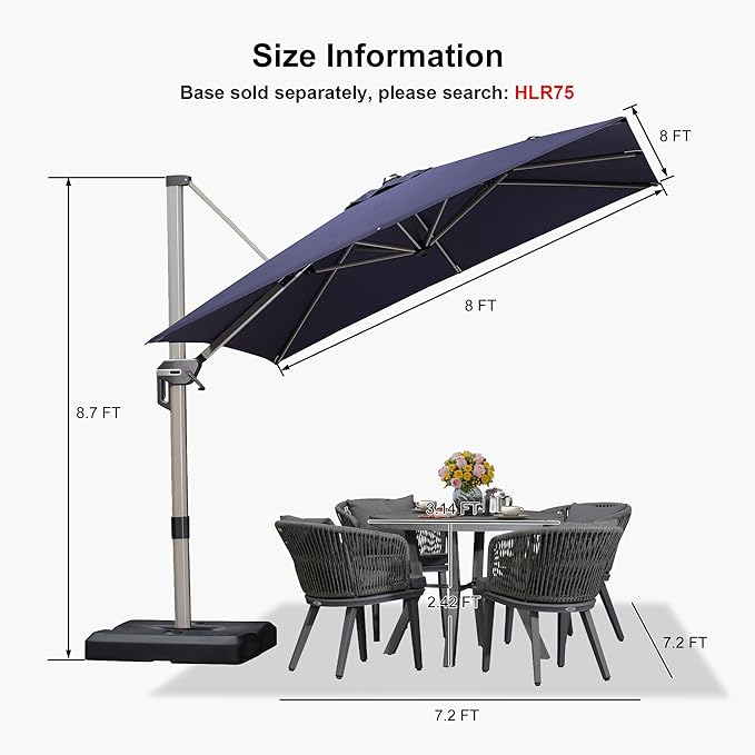 PURPLE LEAF 8' X 8' Patio Umbrella Outdoor Cantilever Umbrella, Aluminum Offset Umbrella with Champagne Frame and 360° Rotation for Pool Deck Garden, Navy Blue