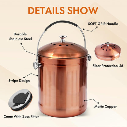 ENLOY Compost Bin for Kitchen Countertop, 1.3 Gallon Matte Copper Stainless Steel Compost Bucket with Lid, Odorless Food Waste Bucket with 2 Charcoal Filters, Indoor Compost Pail with SOFT-GRIP Handle