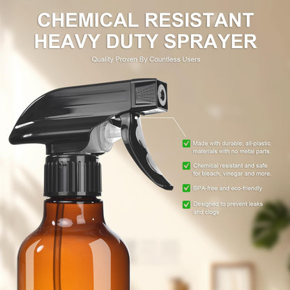 Spray Bottles 2-Pack, 10 Oz, Mist & Stream, Heavy Duty Spraying Empty Water Sprayer Bottle, BPA Free Plastic Refillable Containers for Cleaning Solutions, Plants, Hair, Essential Oils (Amber)