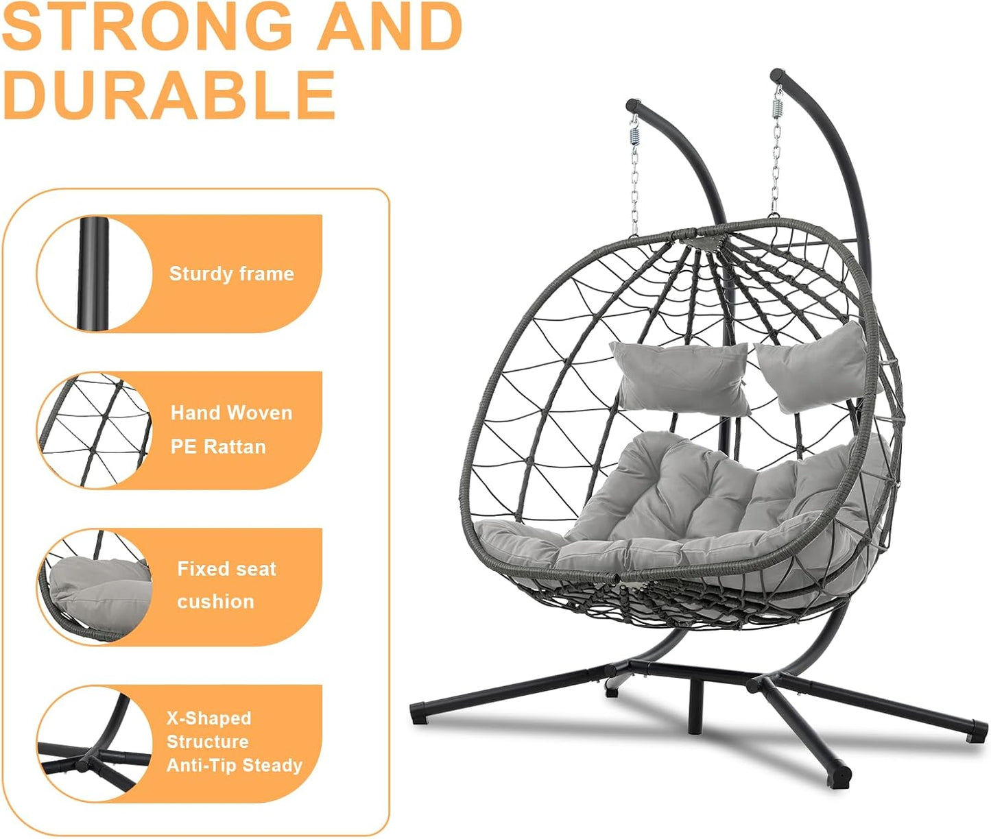 2 Person Double Egg Swing Chair with Stand Indoor Outdoor, Hammock Egg Chair Outdoor, Patio Wicker Hanging Egg Chair w/Cushion 700LBS Capacity for Bedroom, Balcony, Garden, Grey