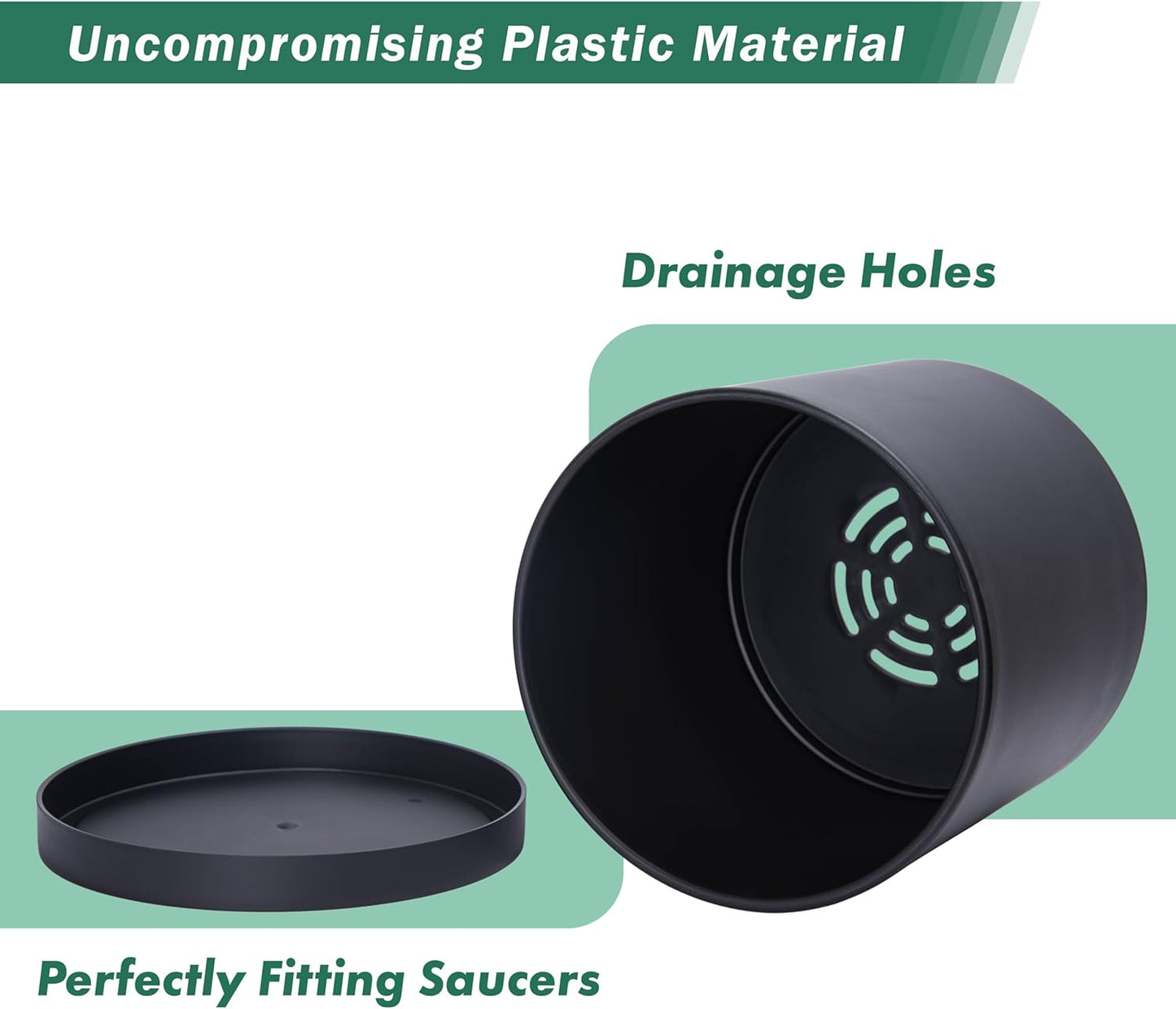 D'vine Dev 10 Inch Plastic Planter Pots for Plant Pot with Drainage Hole and Seamless Saucers, Black Color, 74-X-B-2