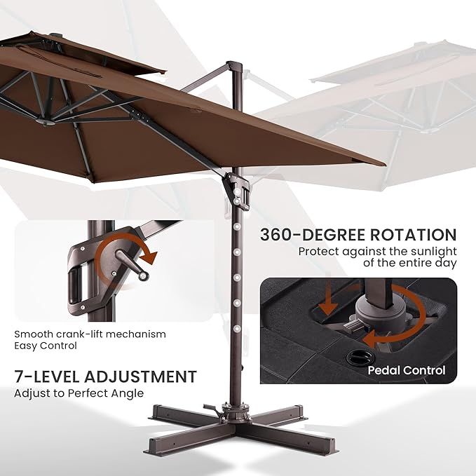 10x10 FT Cantilever Patio Umbrella Double Top Outdoor Square Large Heavy Duty Aluminum Offset Umbrellas with 7 Level Tilt 360-degree Rotation for Pool Garden Deck, Brown