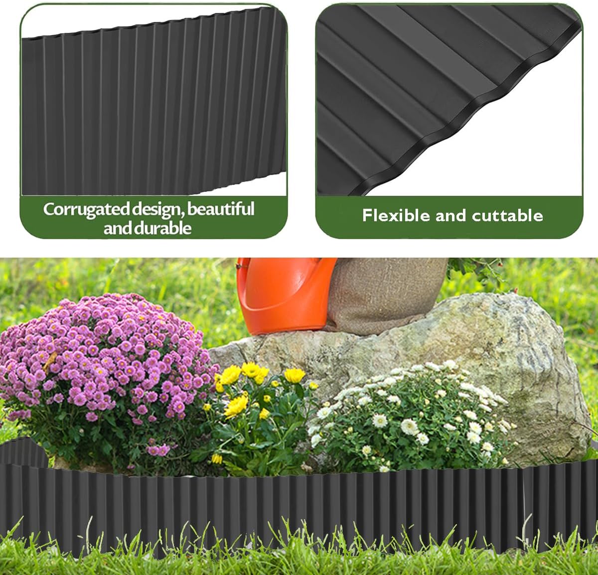 Landscape Edging Border 6inch x 20ft- Corrugated Metal Garden Edging - Lawn Edging Borders - Galvanized Edging Long Strips Yard Border for DIY Flower Beds, Plants, Walkways-Black