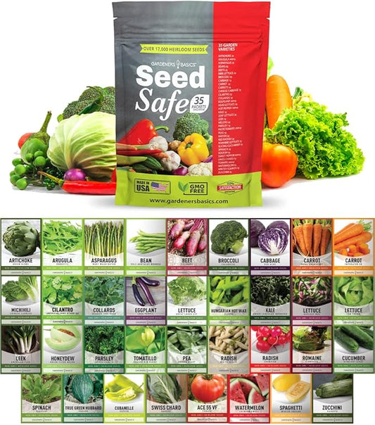 Gardeners Basics Seed Safe Kit – 35 Easy-to-Grow Heirloom Vegetable Seeds for Beginners – Non-GMO Garden Starter Set with 17,000+ Seeds – Perfect Gardening Gift for New Gardeners or Families