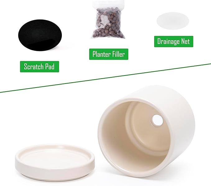 D'vine Dev Set of 2 Plants Pots, 3.5 Inch Ceramic Planter Pot for Plants with Drainage Hole and Saucer, Oatmeal, 94-V-A-8