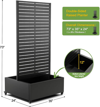 FENCY Dual Planter Boxes Metal Raised Garden Bed with Wheels and Trellis, 73"x35"x24" Privacy Screen for Vegetables, Vines & Flowers, Includes Drainage Holes
