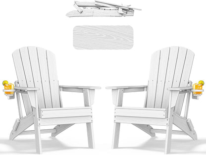 Folding Adirondack Chair - Extended Ergonomic Backrest, Cup Holder - Easy Assembly - Durable HDPE Plastic, Weather Resistant & Maintenance-Free - Lawn, Patio, Deck Supports 380lbs White