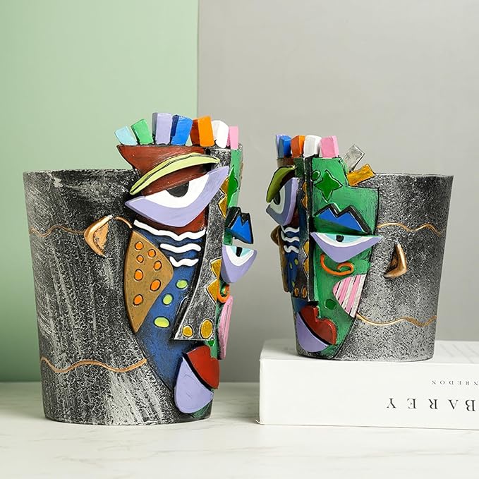 Picasso Face Planter Pots Abstract Art Colorful Flower Vase with Drainage Hole Unique Head Flower Pots for Home Balcony Decoration (Small)