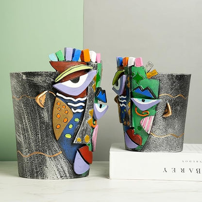 Picasso Face Planter Pots Abstract Art Colorful Flower Vase with Drainage Hole Unique Head Flower Pots for Home Balcony Decoration (Small)