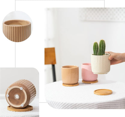 OMAYKEY 4 Inch Ceramic Plant Pot with Saucer, Adorable Stripe Multicolor Small Planters Pots with Drainage Hole & Mesh Pads for Succulent, Snake Plants, Cactus, Herbs - Set of 4
