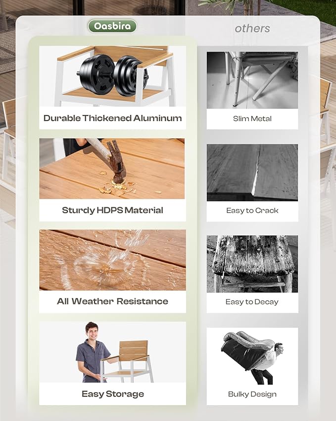 Outdoor Patio Dining Table Sets 7-Piece Aluminum and HDPS All-Weather Table and Chairs with Umbrella Hole, Patio Modern Furniture Sets for Garden, Backyard (White & Teak)