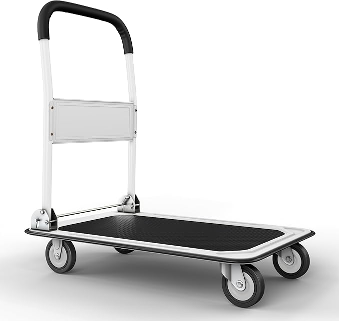Heavy Duty Foldable Push Cart Dolly | 330 lbs. Capacity | Upgraded Collapsible Hand Truck Folding Platform with Swivel Wheels | Flat Bed Moving Wagon | Space Saving Push Handle (White)
