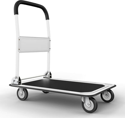 Heavy Duty Foldable Push Cart Dolly | 330 lbs. Capacity | Upgraded Collapsible Hand Truck Folding Platform with Swivel Wheels | Flat Bed Moving Wagon | Space Saving Push Handle (White)