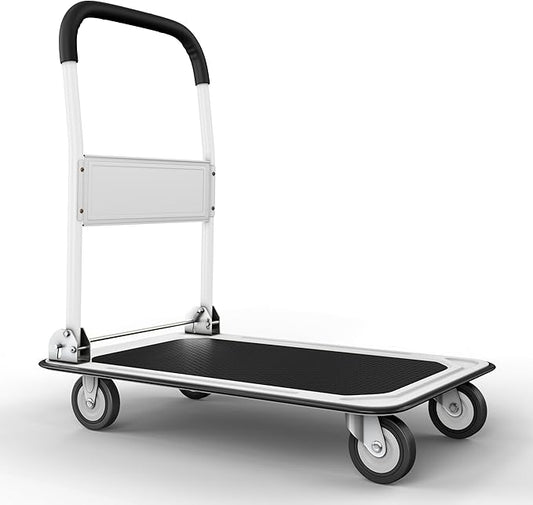 Heavy Duty Foldable Push Cart Dolly | 330 lbs. Capacity | Upgraded Collapsible Hand Truck Folding Platform with Swivel Wheels | Flat Bed Moving Wagon | Space Saving Push Handle (White)