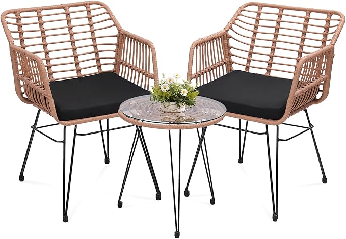 3 Piece Wicker Patio Bistro Furniture Set, Includes 2 Rattan Chairs and Glass Top Table, Ideal for Porch, Outdoor, Backyard, Apartment, Balcony, Natural