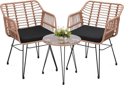 3 Piece Wicker Patio Bistro Furniture Set, Includes 2 Rattan Chairs and Glass Top Table, Ideal for Porch, Outdoor, Backyard, Apartment, Balcony, Natural