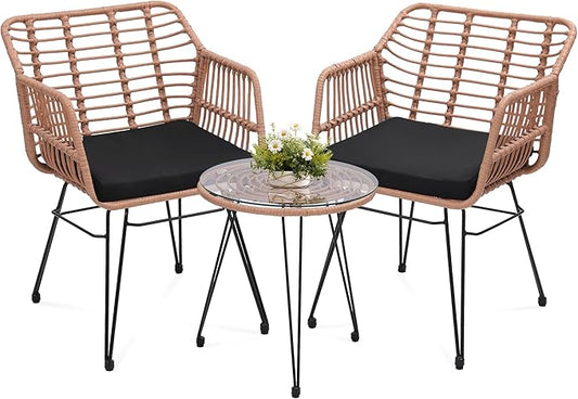3 Piece Wicker Patio Bistro Furniture Set, Includes 2 Rattan Chairs and Glass Top Table, Ideal for Porch, Outdoor, Backyard, Apartment, Balcony, Natural
