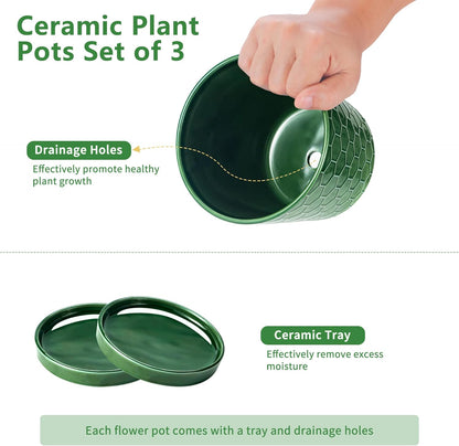 EFISPSS Ceramic Plant Pots, 4+5+6 Inch Pots for Indoor Plants, Flower Pots with Drainage Hole and Tray,Indoor/Outdoor Usage, Modern Style Garden Pots Set of 3 - Patina