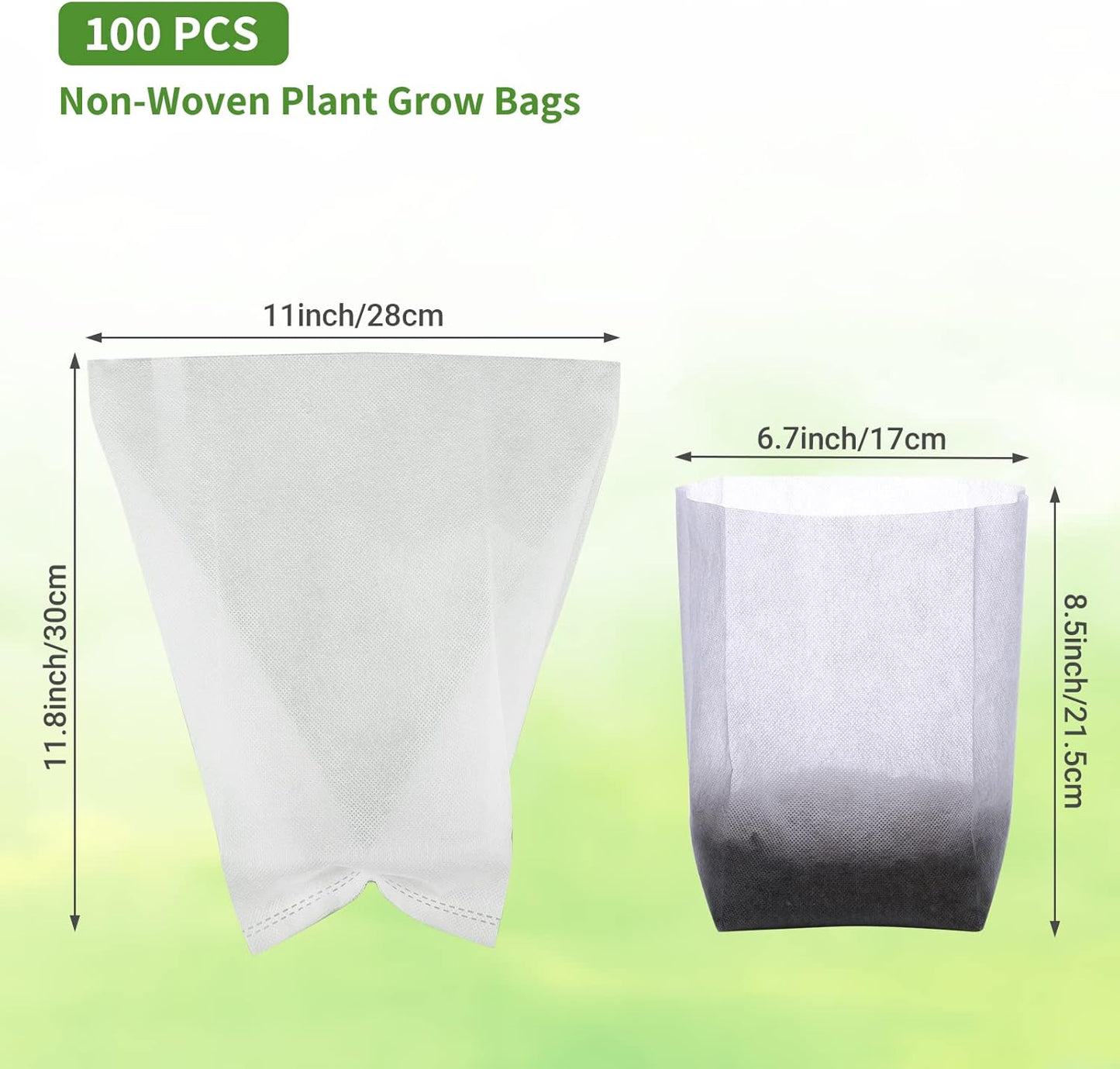 GREANER 100PCS Biodegradable Nursery Bags, 11x11.8 inches Thickened Grow Plant Bags for Vegetables, Flower Seedling Starter Containers, Indoors and Outdoors Use, Home Garden Supply