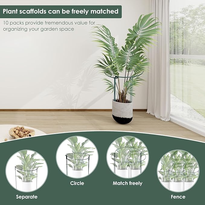 10 Pack Supports Stakes Metal 10" Wide x 24" High Peony Cages and Supports Garden Interlock Half Round Support Ring Border Support Ring Cage for Rose Vine Tomato