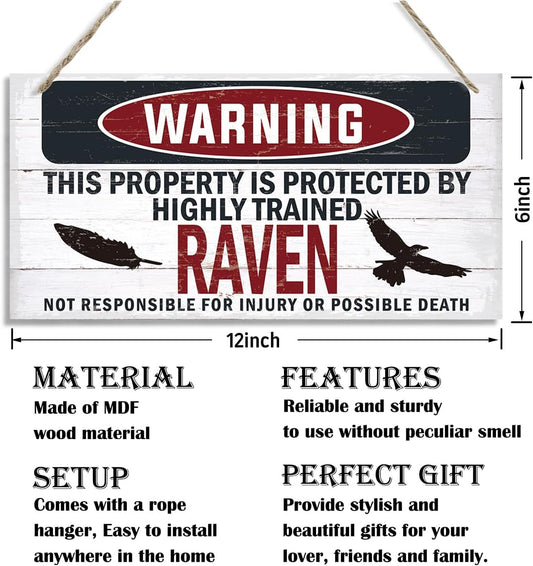 Warning Sign, Raven Warning Wood Plaque Sign, Funny Door Signs, Decorative Wood Hanging Suspension Plaque, Farmhouse Wooden Wall Decor, Outdoor Hanging Wooden Signs