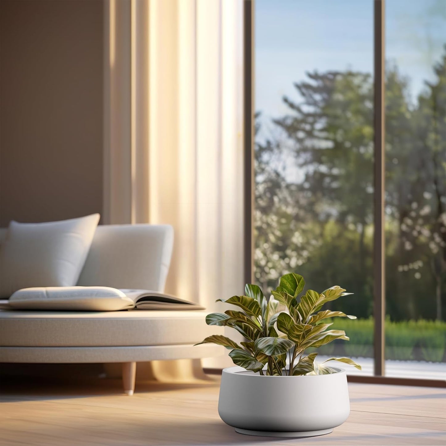 Kante 16.1" Dia Round Curvy Concrete Planter, Large Plant Pots with Drainage Hole and Rubber Plug for Indoor Outdoor Plants, Flower Pot for Home Garden Patio Porch, White