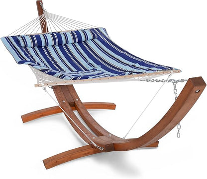 SUNCREAT Rope Hammocks 2 Person Hammock with Stand, Portable Patio Hammock with 13.5 ft Wooden Stand, Blue Stripes