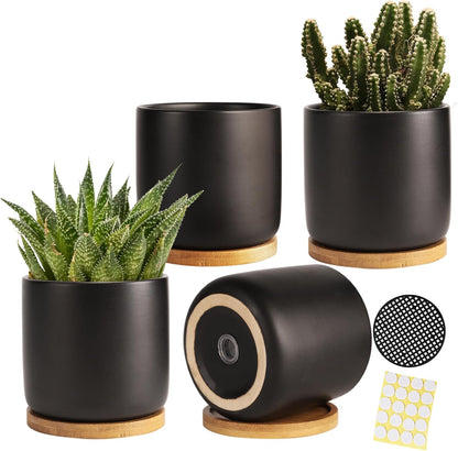 4 Inch Ceramic Plant Pots with Drainage Holes and Trays, Adorable Small Cylinder Flower Planter Pot for Indoor Plants, Succulent, Snake Plants, Cactus & Herbs, Black, Set of 4