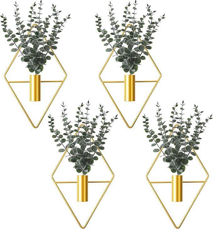 Jexine Hanging Planters with Artificial Eucalyptus Metal Hanging Vase Indoor Plants Holder Modern Geometric Boho Bathroom Wall Decor for Living Room Home Office(Gold,8 Pcs)