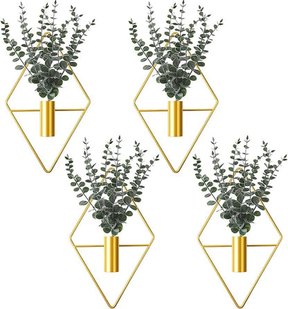 Jexine Hanging Planters with Artificial Eucalyptus Metal Hanging Vase Indoor Plants Holder Modern Geometric Boho Bathroom Wall Decor for Living Room Home Office(Gold,8 Pcs)